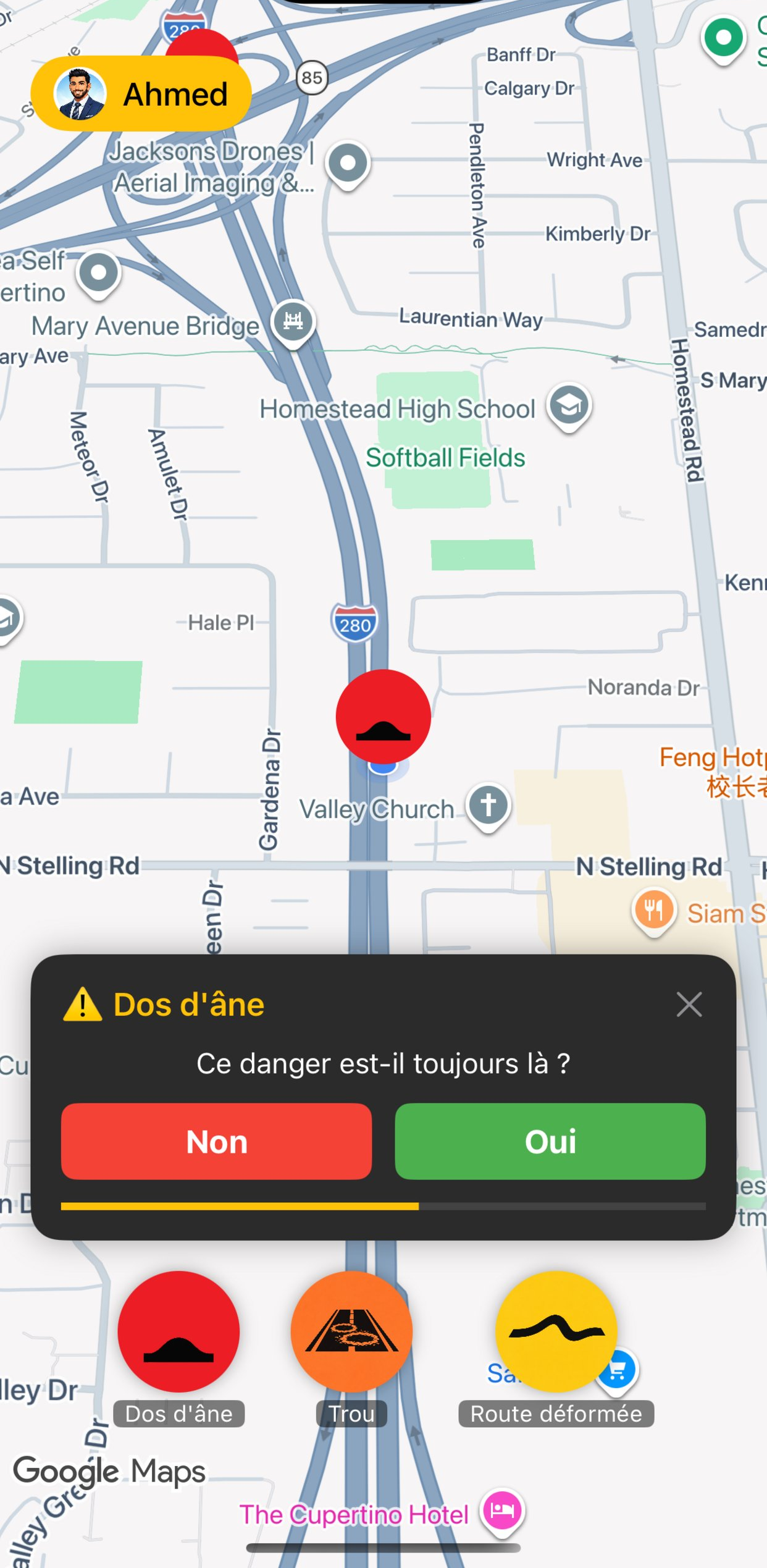Carte SafeRoad DZ : alerte dos d'âne et confirmation du danger
