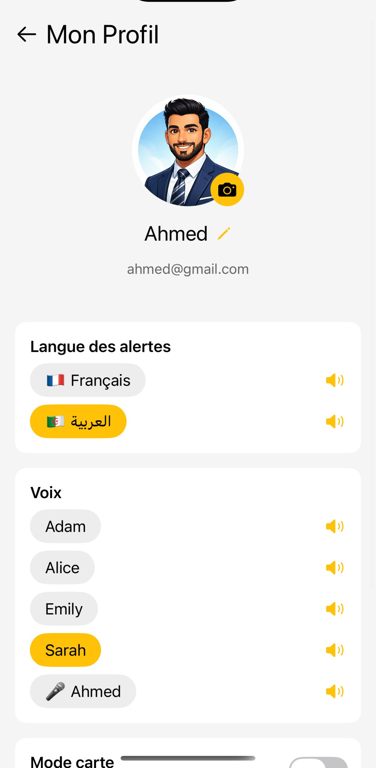Profil SafeRoad DZ : langue des alertes et choix de la voix